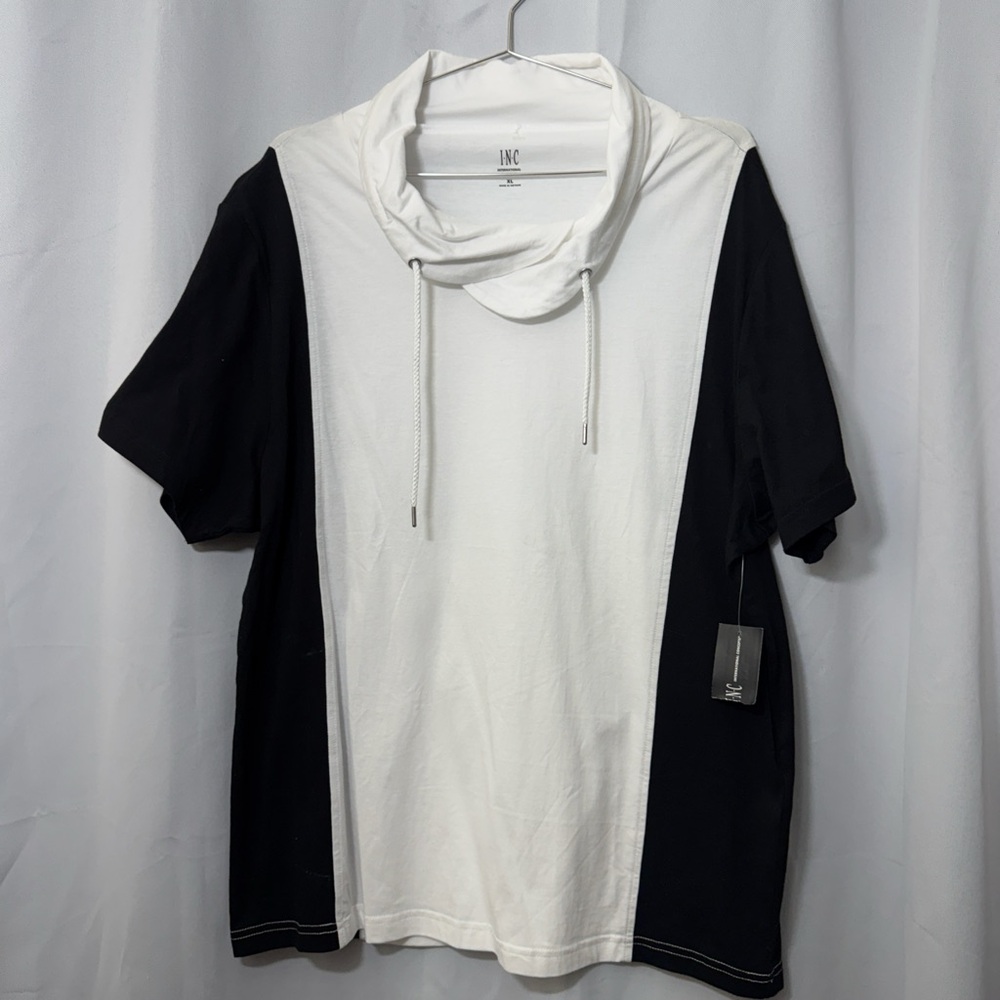 New INC Cowl Neck TShirt Short Sleeve Black White  Women XL Casual Tee